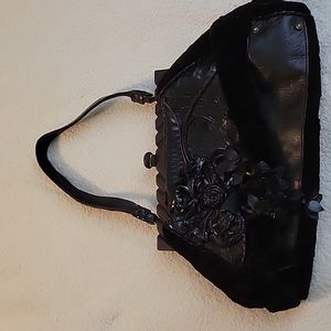 Anthony Luciano Black Leather Flower Tassel Wooden Handle Clutch Bag